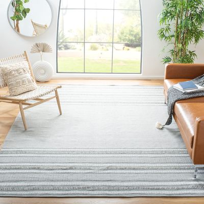 SAFAVIEH Montauk Collection Area Rug - 6' Square, Grey & Ivory, Handmade Flat Weave Stripe Cotton, Ideal for High Traffic Areas in Living Room, Bedroom (MTK214F)