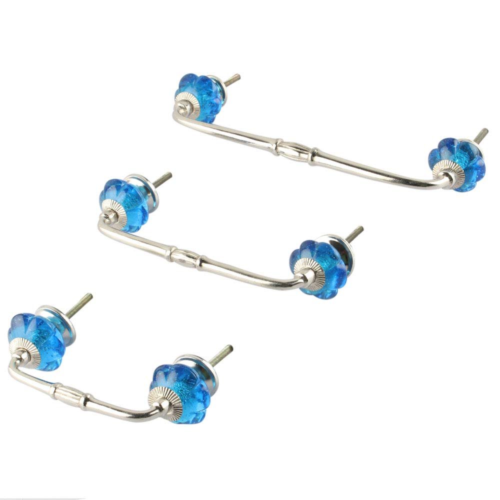 Indian Shelf 1 Pack Glass Drawer Handles for Cabinets and Drawers Blue Dresser Pulls for Door Silver Hardware 8" Hole to Hole -BH-299-GFK-105