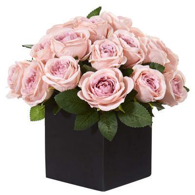 Nearly Natural Mini 11in. Rose Artificial Black Vase Silk Arrangements, Pink