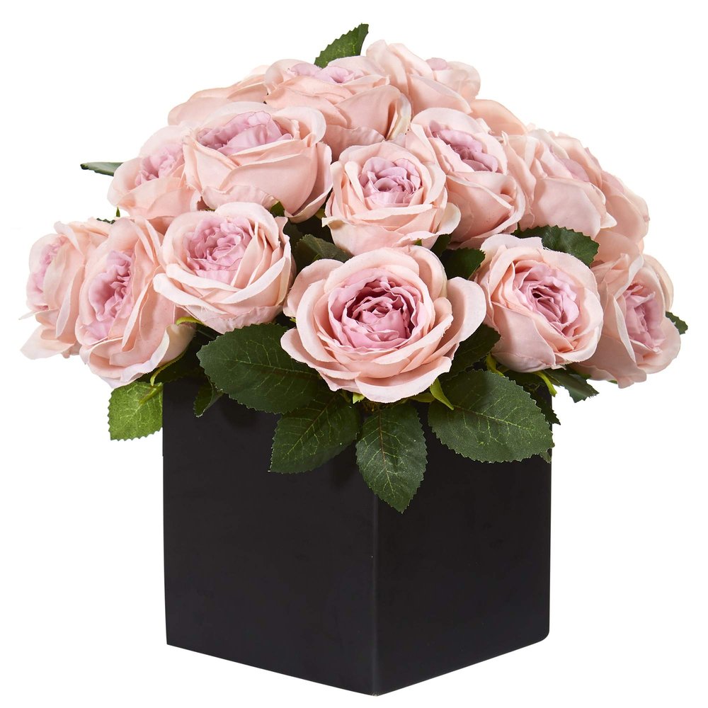 Nearly Natural Mini 11in. Rose Artificial Black Vase Silk Arrangements, Pink