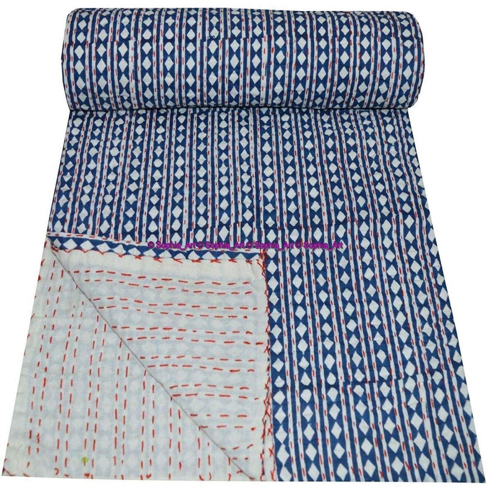Sophia-Art Indian King/Twin Handmade Bohemian Hand Block Print Pure Cotton Bedspread Kantha Stitch Hippie Kantha Bed Spread Reversible Bedcover Throw Quilt (Blue Diamond, 90" x 108")
