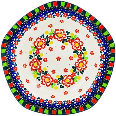 Polmedia Polish Pottery Pasta Bowl 9-inch UNIKAT - Floral Puzzles Pattern Handmade in Boleslawiec Poland by Ceramika Artystyczna + Certificate of Authenticity