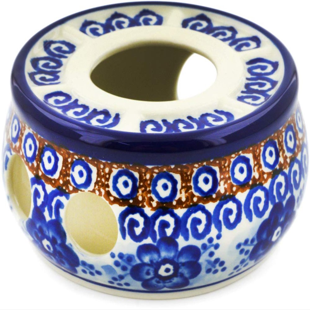 Polmedia Polish Pottery Heater UNIKAT - Dancing Blue Poppies Pattern Handmade in Boleslawiec Poland by Ceramika Artystyczna + Certificate of Authenticity