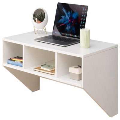 Wall Mounted Office Computer Desk with Three Compartments, White