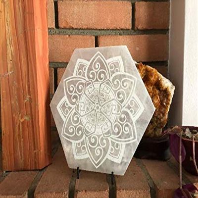 CrystalsAhoy Etched Mandala 8" Selenite Charging Plate, 100% Genuine Ethically Mined Selenite E1055