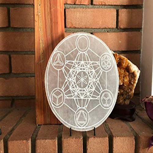 CrystalsAhoy Etched Metatrons Cube 7-8" Selenite Charging Plate, E1007 Platonic Solids, 100% Genuine and Ethically Mined Selenite