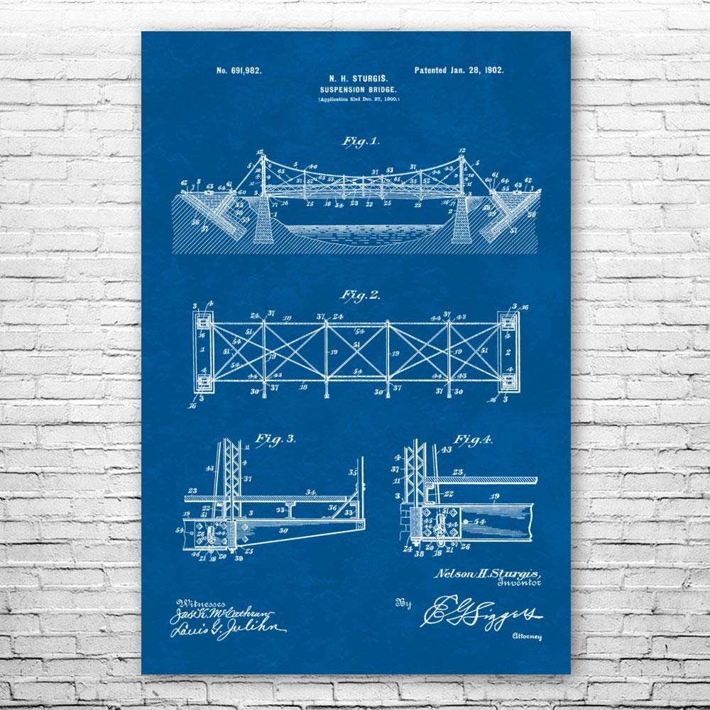 Suspension Bridge Poster Print, Structural Engineer, Architect Gift, Bridge Blueprint, Office Wall Art, Engineering Gift Blueprint (18 inch x 24 inch)