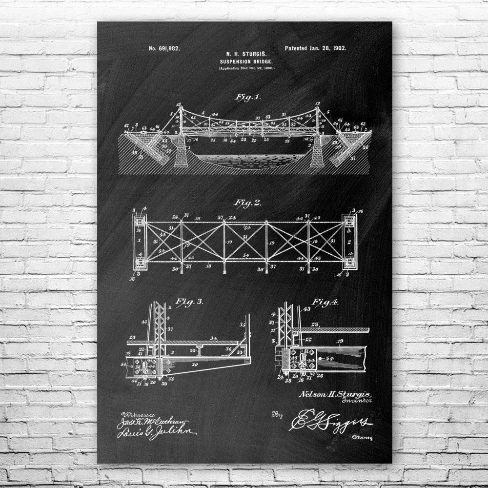 Suspension Bridge Poster Print, Structural Engineer, Architect Gift, Bridge Blueprint, Office Wall Art, Engineering Gift Black Chalkboard (18 inch x 24 inch)