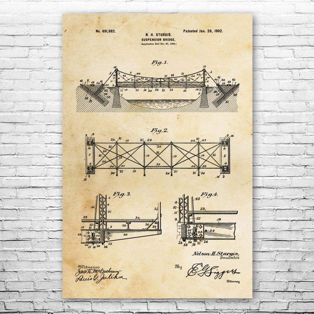 Suspension Bridge Poster Print, Structural Engineer, Architect Gift, Bridge Blueprint, Office Wall Art, Engineering Gift Vintage Paper (8 inch x 10 inch)