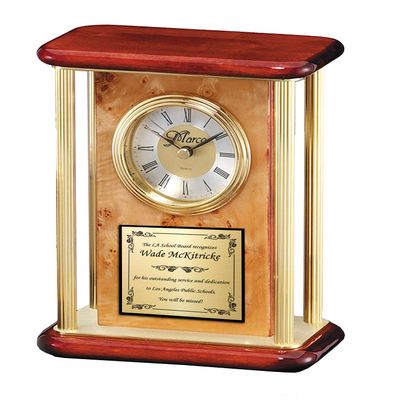 AllGiftFrames Burl Etched Gold engrave Clock Brass Pillars Metal Wood top Base Two Tone Clock dial Personalize Present Unique Gift idea Anniversary Mantel Engraving Popular