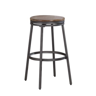 Backless Bar Stool Grey Industrial Metal Wood Finish Swivel