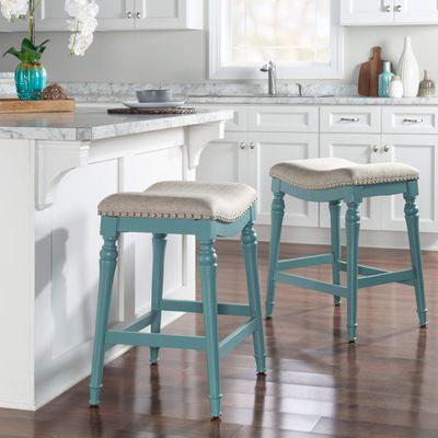 25 Inch Blue Saddle Counter Stool Farmhouse Nautical Coastal Fabric Wood Painted Nailhead Trim