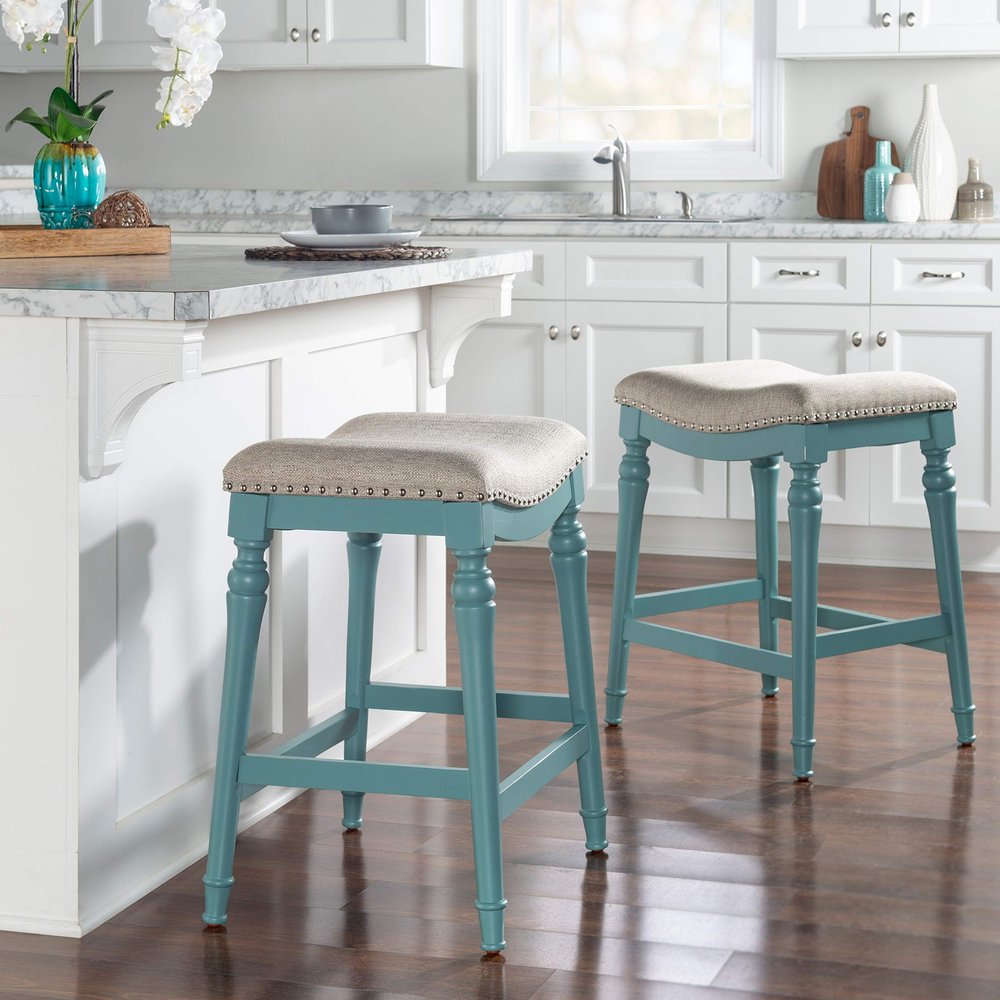 25 Inch Blue Saddle Counter Stool Farmhouse Nautical Coastal Fabric Wood Painted Nailhead Trim