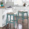 25 Inch Blue Saddle Counter Stool Farmhouse Nautical Coastal Fabric Wood Painted Nailhead Trim view 1