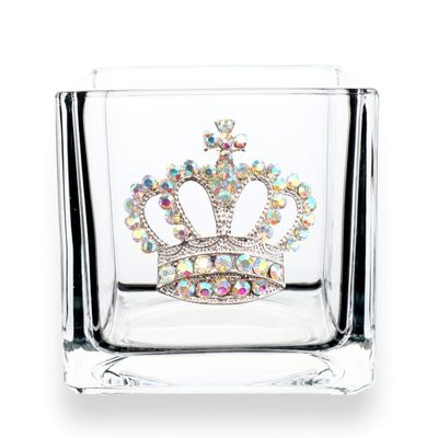THE QUEENS' JEWELS Aurora Borealis Crown Jeweled 4x4 Candle Holder Vase - Unique Gift for Women, Birthday, Cute, Fun, Cocktail, Queen, Not Painted, Decorated, Bling, Bedazzled, Rhinestone