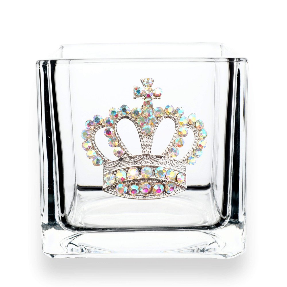 THE QUEENS' JEWELS Aurora Borealis Crown Jeweled 4x4 Candle Holder Vase - Unique Gift for Women, Birthday, Cute, Fun, Cocktail, Queen, Not Painted, Decorated, Bling, Bedazzled, Rhinestone