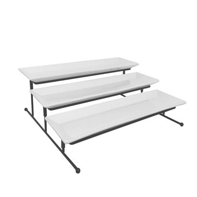 3 Tier Collapsible Thicker Sturdier Plate Rack Stand with Plates - Three Tiered Cake Serving Tray - Dessert Fruit Presentation - Party Food Server Display - 3 White 12' x 6" Porcelain Platters Incl