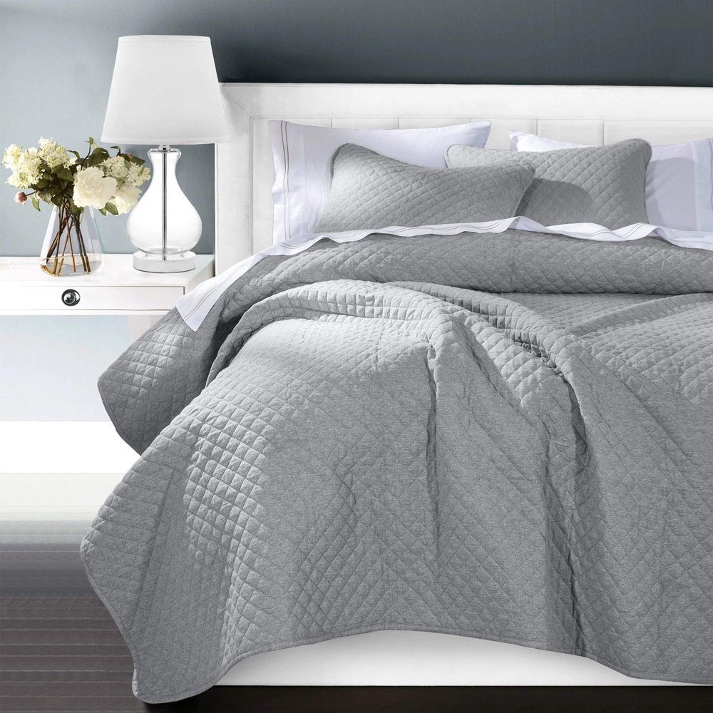 Indigo Hill by HiEnd Accents Anna Diamond Quilted Coverlet, Queen Size, Gray Solid Color, Rustic Traditional Farmhouse Style Luxury Bedding, Soft Lightweight Bed Cover