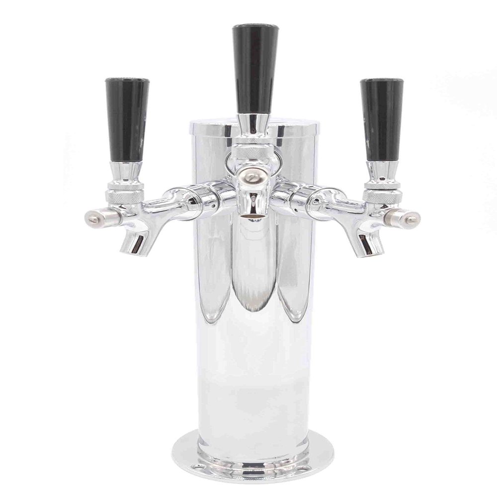 K&B Triple Faucet Draft Beer Kegerator Tower 3" - Customizable (Chrome Self Closing Faucet, Standard Black Plastic Tap Handle)