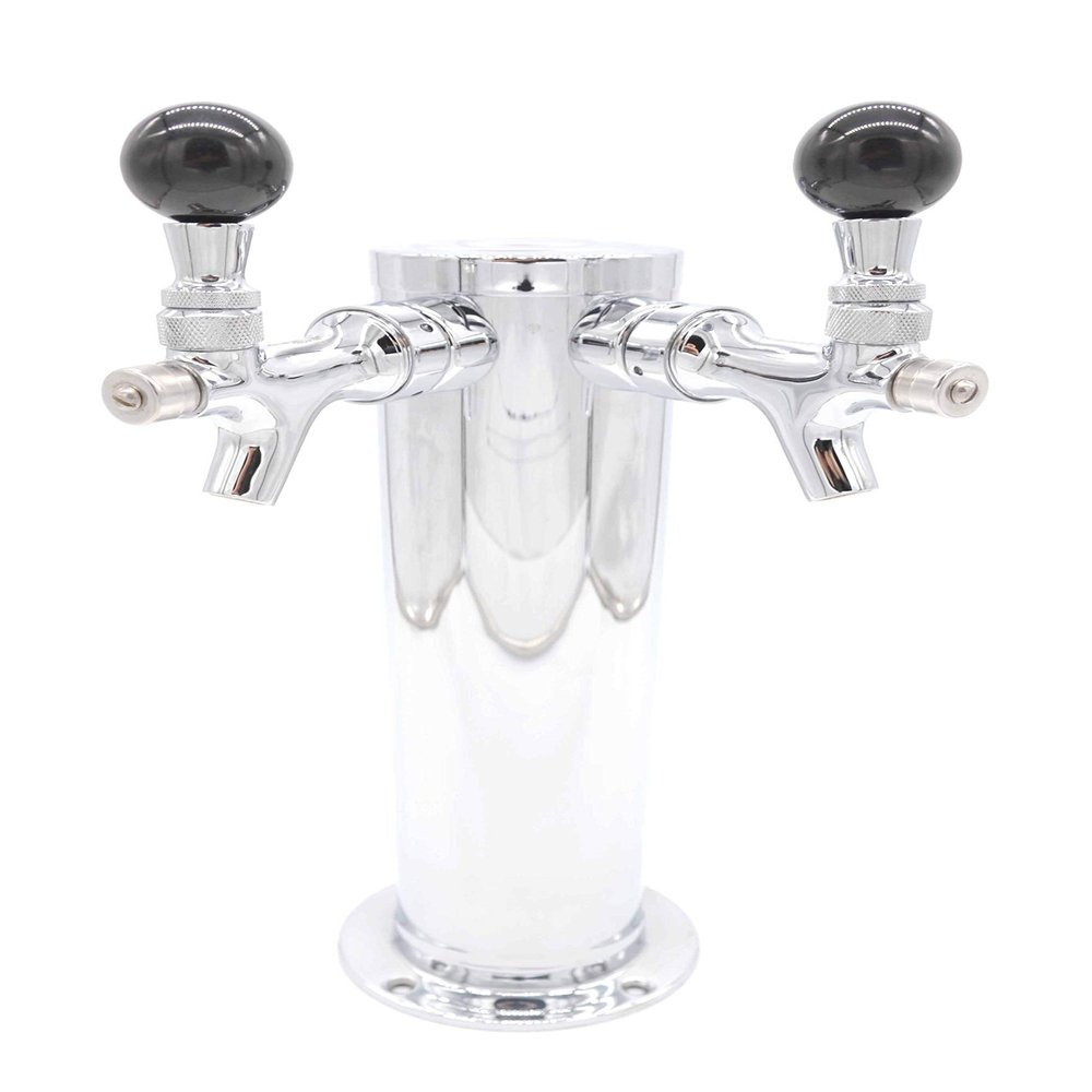 K&B Double Faucet Draft Beer Kegerator Tower 3" - Customizable (Chrome Self Closing Faucet, Black Plastic Ball Tap Handle)