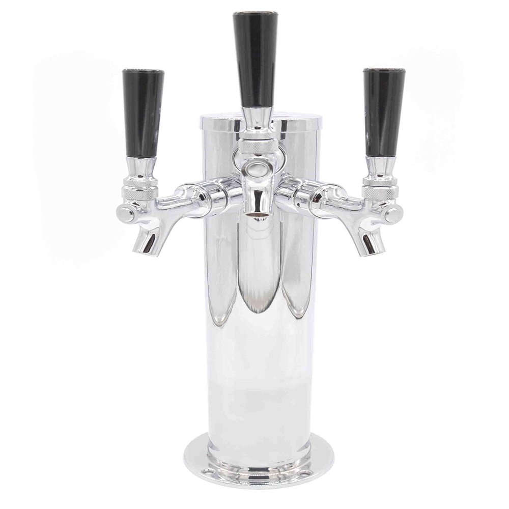K&B Triple Faucet Draft Beer Kegerator Tower 3" - Customizable (Chrome Faucet, Standard Black Plastic Tap Handle)