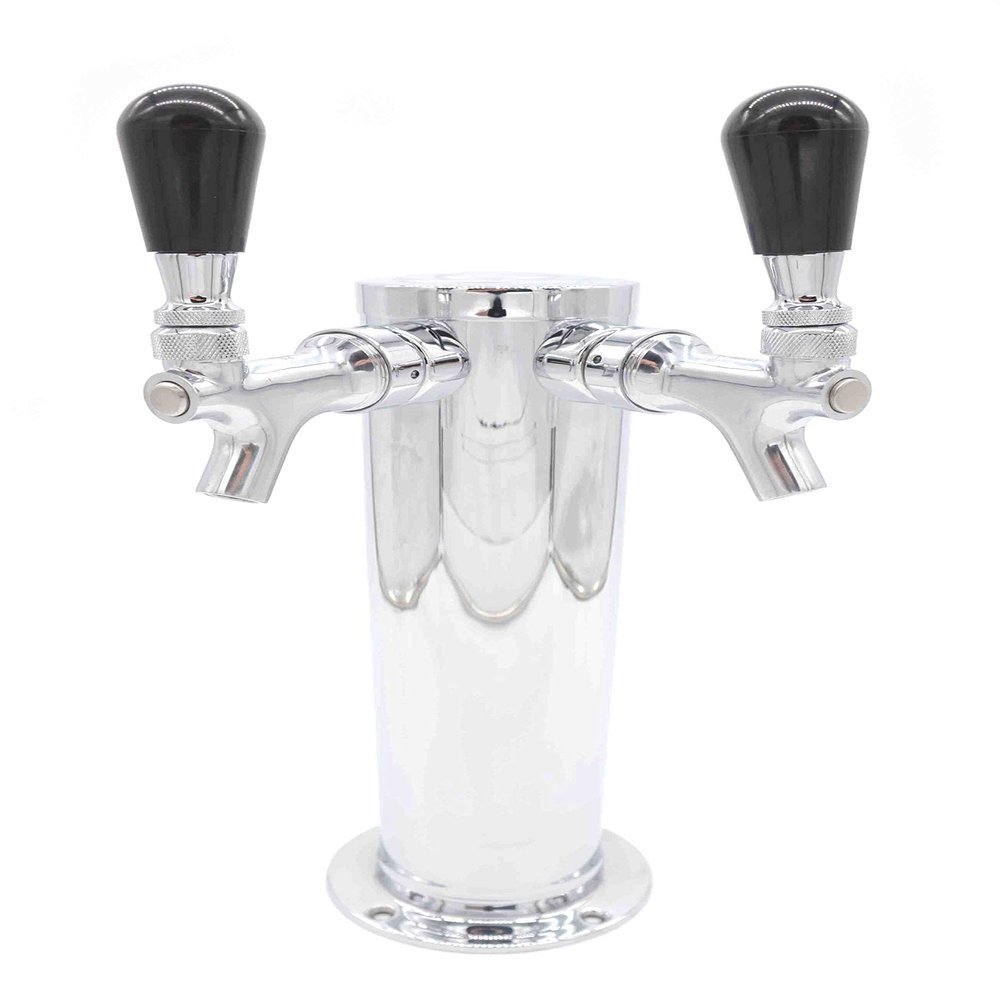 K&B Double Faucet Draft Beer Kegerator Tower 3" - Customizable (Stainless Steel Faucet, Black Plastic Round Style Tap Handle)