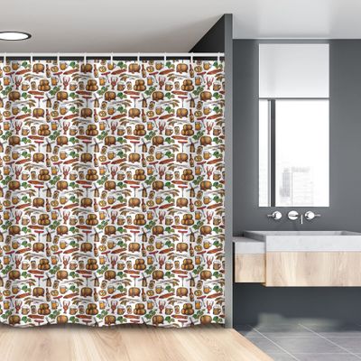 Lunarable Oktoberfest Stall Shower Curtain, Beer Making Elements Hops Wheat Pretzels Lobster Festival Menu Country Theme, Fabric Bathroom Decor Set with Hooks, 54" W x 78" L, Multicolor