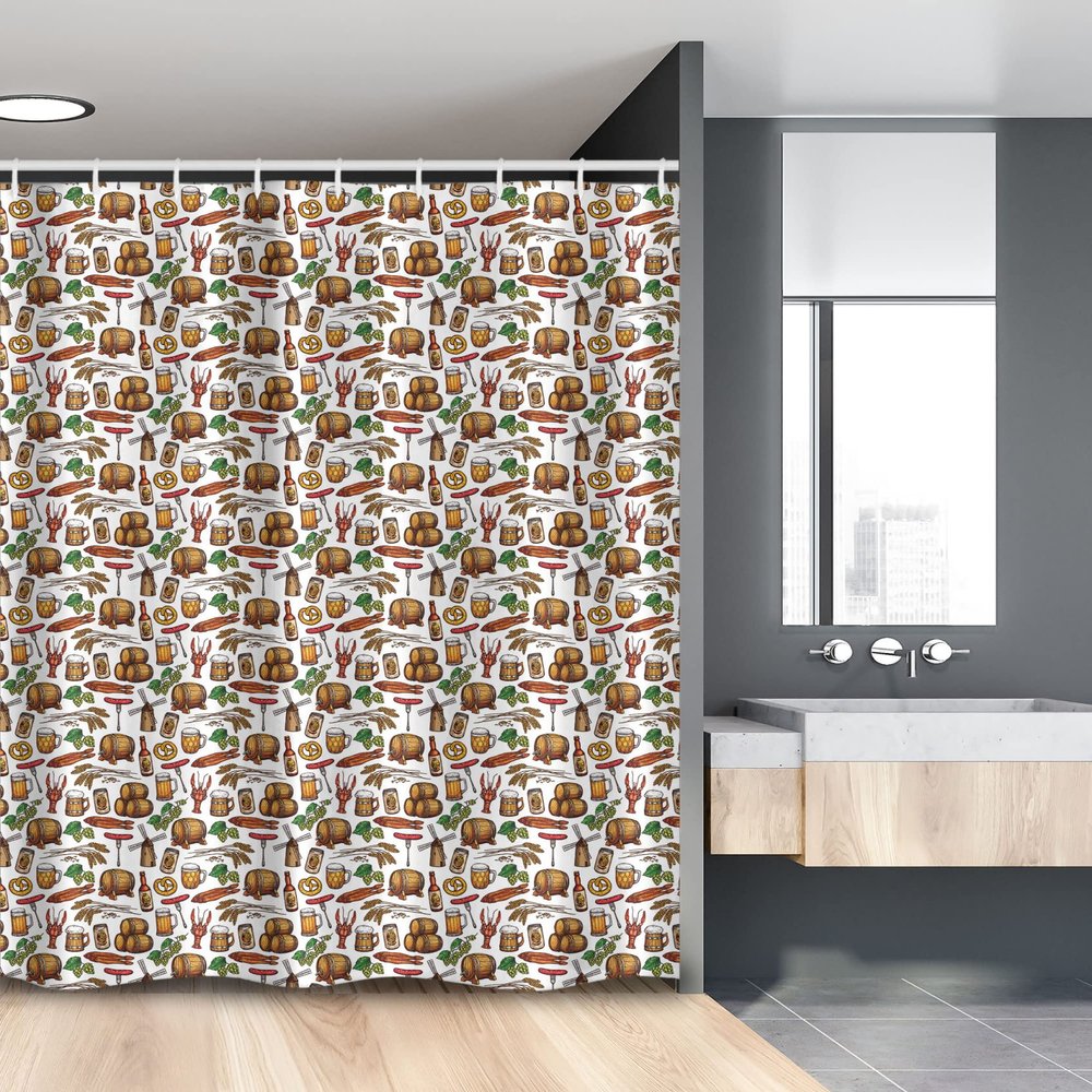 Lunarable Oktoberfest Stall Shower Curtain, Beer Making Elements Hops Wheat Pretzels Lobster Festival Menu Country Theme, Fabric Bathroom Decor Set with Hooks, 54" W x 78" L, Multicolor