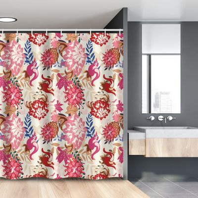 Lunarable Floral Stall Shower Curtain, Colorful Vintage Design Flowers and Leaves Damask Motifs Spring Theme Curvy Design, Fabric Bathroom Decor Set with Hooks, 54" W x 78" L, Multicolor