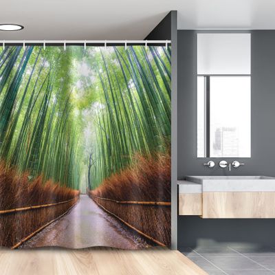 Lunarable Japanese Stall Shower Curtain, Path to Forest in Kyoto Japan Japanese Landscape Fish Eye Shot Photo Print, Fabric Bathroom Decor Set with Hooks, 54" W x 78", Fern Green Redwood