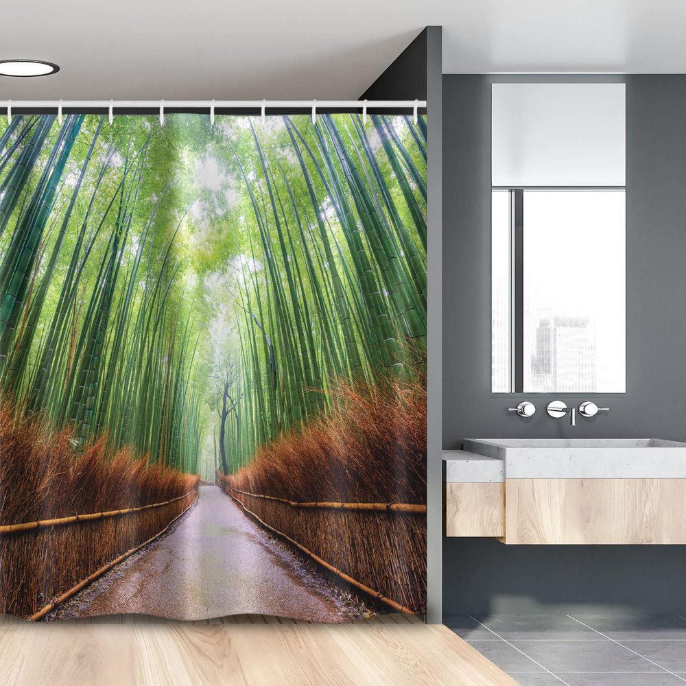 Lunarable Japanese Stall Shower Curtain, Path to Forest in Kyoto Japan Japanese Landscape Fish Eye Shot Photo Print, Fabric Bathroom Decor Set with Hooks, 54" W x 78", Fern Green Redwood