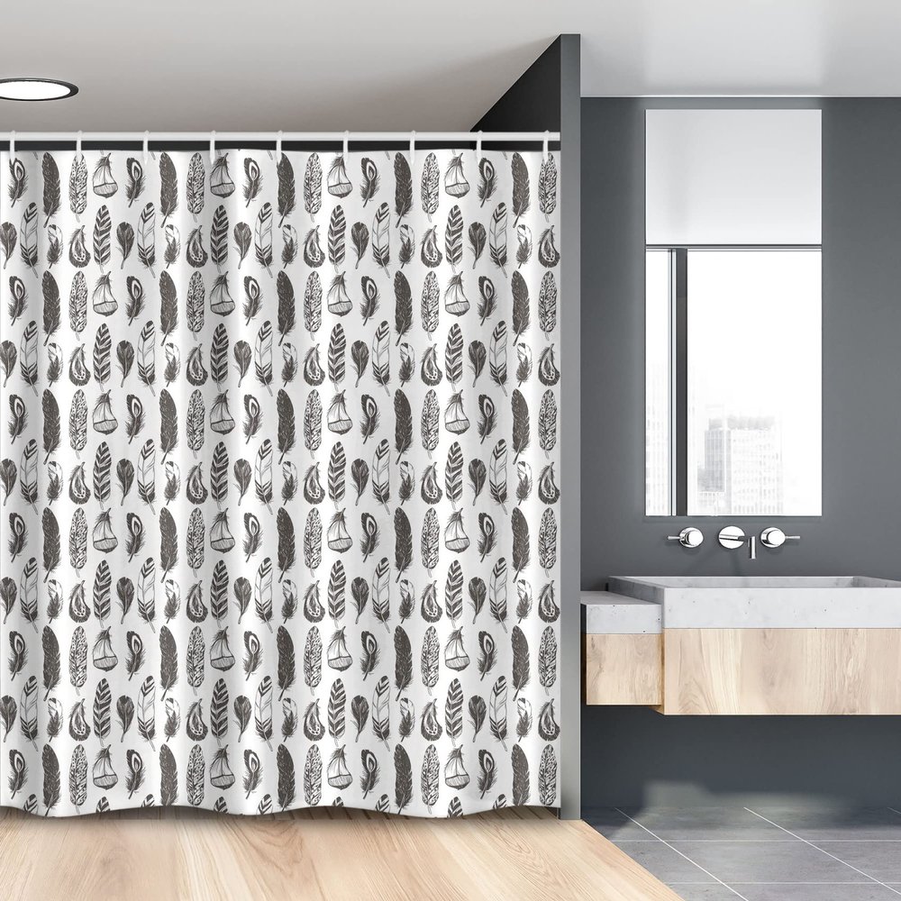 Lunarable Tribal Stall Shower Curtain, Feathers Folk Style Prehistoric Culture Illustration, Fabric Bathroom Decor Set with Hooks, 54" W x 78" L, Grey White