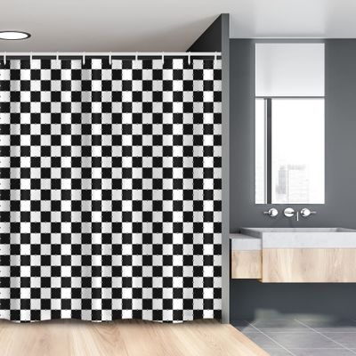 Lunarable Geometric Stall Shower Curtain, Plaid Ornamented of Squares Shapes in Checkered Style Repetition, Fabric Bathroom Decor Set with Hooks, 54" W x 78" L, Charcoal Grey and White