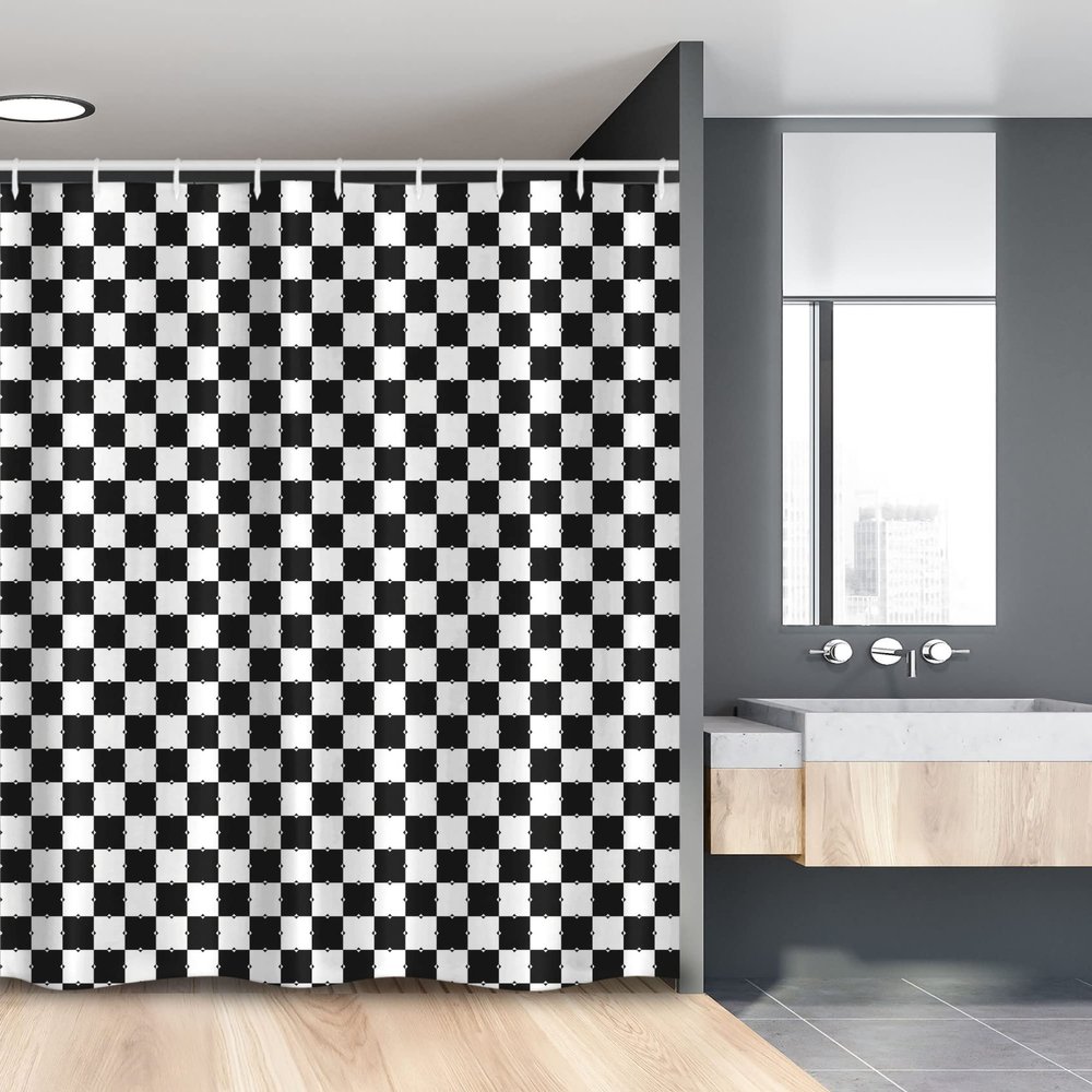 Lunarable Geometric Stall Shower Curtain, Plaid Ornamented of Squares Shapes in Checkered Style Repetition, Fabric Bathroom Decor Set with Hooks, 54" W x 78" L, Charcoal Grey and White
