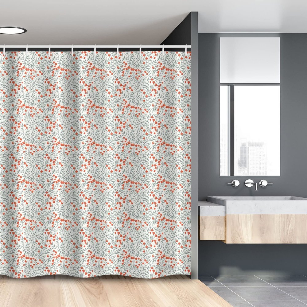 Lunarable Floral Stall Shower Curtain, Botanical Scene of Blossoming Field Flowers and Leaves on Branches, Fabric Bathroom Decor Set with Hooks, 54" W x 78" L, Burnt Sienna and Pale Green