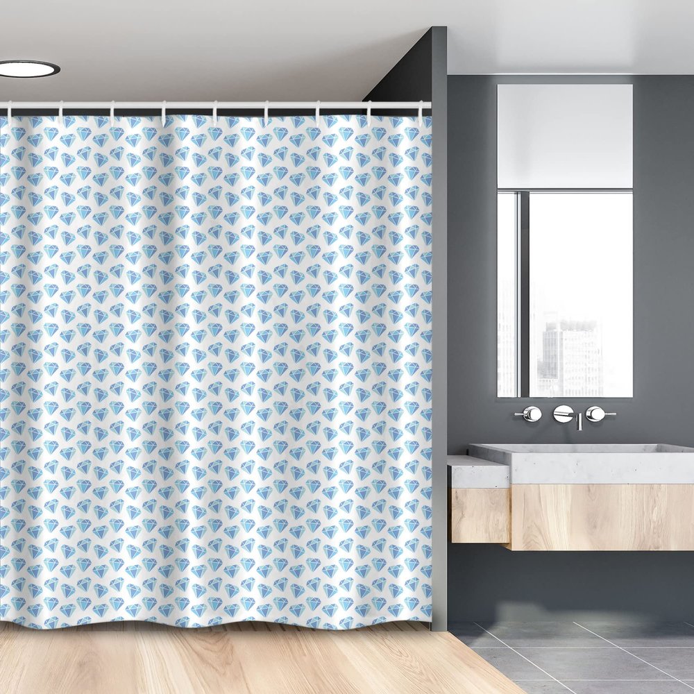 Lunarable Geometric Stall Shower Curtain, Print of Diamond Shapes Cubic Crystal Structures Gemstone Design, Fabric Bathroom Decor Set with Hooks, 54" W x 78" L, Blue Pale Blue and White