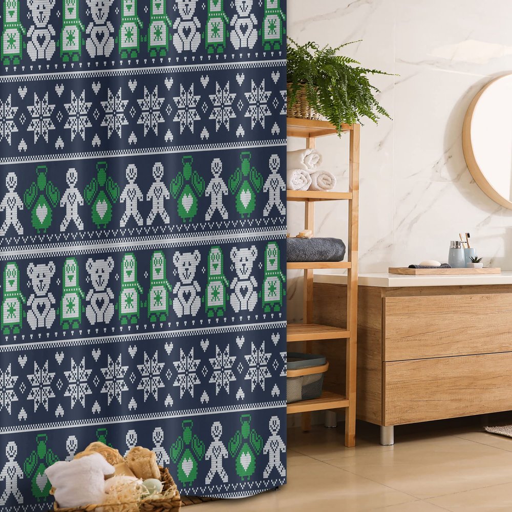 Lunarable Christmas Stall Shower Curtain, Scandinavian Style Stitch Penguins Teddy Bears Angels Gingerbread Man, Fabric Bathroom Decor Set with Hooks, 36" W x 72" L, Dark Blue Green White