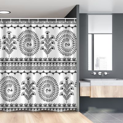 Lunarable Vintage Stall Shower Curtain, Vintage Boho Tribal Warli with Trees and Spiral Human Traditional Print, Fabric Bathroom Decor Set with Hooks, 54" W x 78" L, Black White
