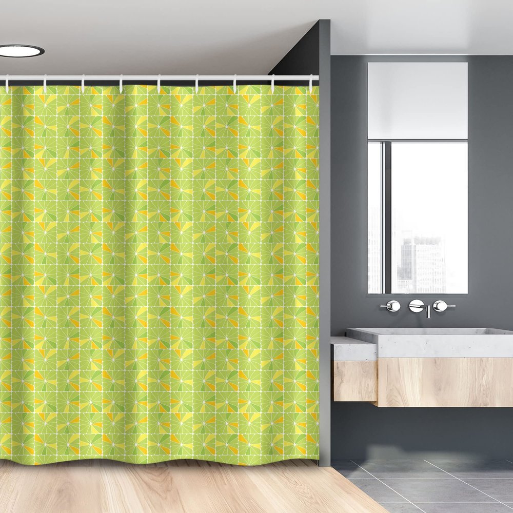 Lunarable Geometric Stall Shower Curtain, Summer Vibes Abstract Lime and Lemon Slices in Square Look Shapes, Fabric Bathroom Decor Set with Hooks, 54" W x 78", Apple Green and Orange