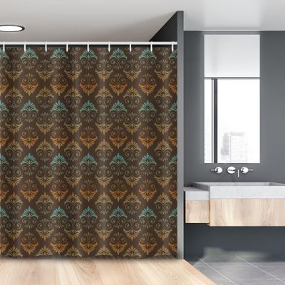 Lunarable Damask Stall Shower Curtain, Vintage Victorian Style Floral with Effects Symmetric Design, Fabric Bathroom Decor Set with Hooks, 54" W x 78" L, Brown Amber Teal