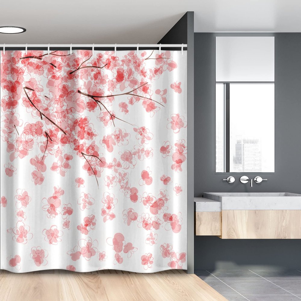 Lunarable Floral Stall Shower Curtain, Pastel Japanese Botanical Design Cherry Blossom Branches and Petals, Fabric Bathroom Decor Set with Hooks, 54" W x 78" L, Blush Dark Coral and White