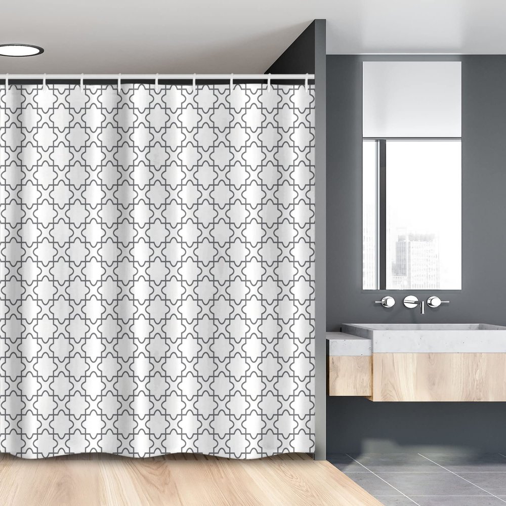 Lunarable Geometric Stall Shower Curtain, Simplistic Ornamental Floral Repeating Motif Monochrome Floor Design, Fabric Bathroom Decor Set with Hooks, 54" W x 78" L, Grey White