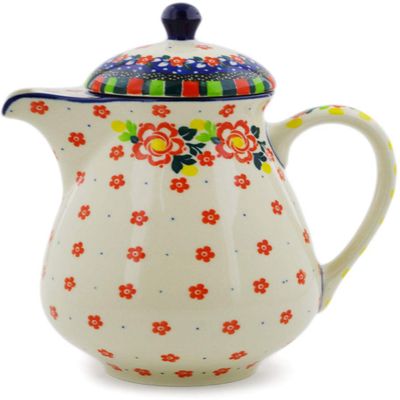Polmedia Polish Pottery Pitcher with Lid UNIKAT - Floral Puzzles Pattern Handmade in Boleslawiec Poland by Ceramika Artystyczna + Certificate of Authenticity