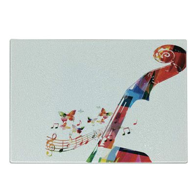 Ambesonne Cello Cutting Board, Creative Abstract Cheerful Design of Pegbox with Butterflies and Musical Notes, Decorative Tempered Glass Cutting and Serving Board, Small Size, Brown Blue