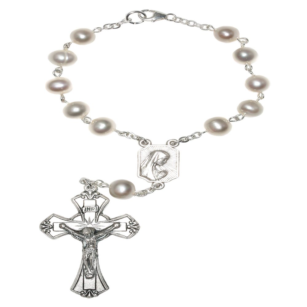 White Pearlized Silver AUTO - CLASP (One Decade) Rosary - Comes with Holy Card - Communion, Confirmation, Wedding, Christmas & more