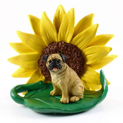 Conversation Concepts Pug Brown Figurine Sunflower Statue Gift: Realistic Hand Painted Sculpture, Summer Nursery or Home Office Desk Decor, Spring Shower Present