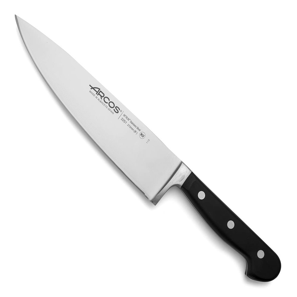 Arcos Chef Knife 8 Inch Stainless Steel. Professional Multipurpose Cooking Knife to Cut and Clean Vegetables. Ergonomic Polyoxymethylene Handle and 210mm Blade. Series Opera. Color Black