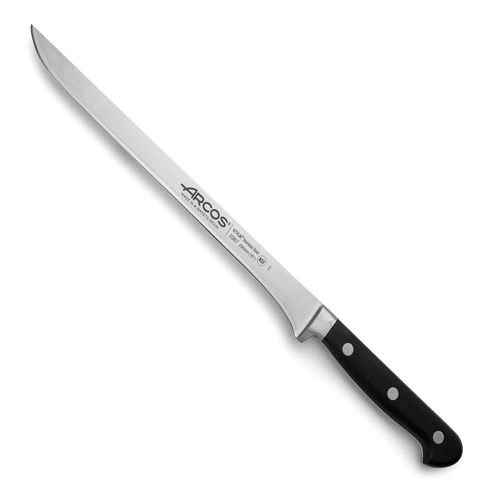 Arcos Forged Slicing Knife for Chefs - 10 inch Stainless Steel - Black POM Handle. Precision Ham Knife - Classic Series