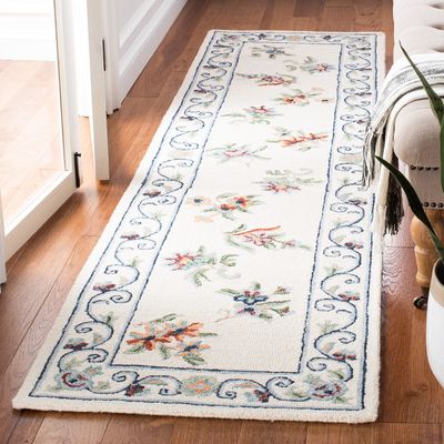 SAFAVIEH Micro-Loop Collection Runner Rug - 2'3" x 9', Ivory & Grey, Handmade Country Cottage Floral Wool, Ideal for High Traffic Areas in Living Room, Bedroom (MLP376A)