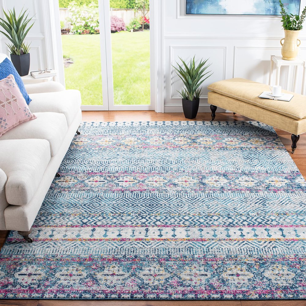 SAFAVIEH Area Rug 8x10 - Madison Collection - Large - Denim Blue & Purple, Boho Chic Design, Non-Shedding & Easy Cleaning, Ideal for Living Room, Bedroom, Office, Dining Space (MAD797K)